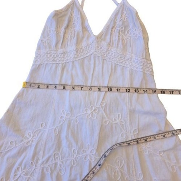 White Embroidered Halter Sundress L Beach Cottagecore Boho Festival Mini Dress - Picture 5 of 16
